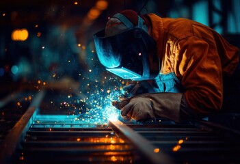 Poster - Welder Working With Sparks in Dark Industrial Setting, Representing Skilled Craftsmanship and Blue-Collar Workforce : Generative AI