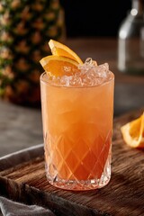 Aufkleber - Refreshing Orange Cocktail With Crushed Ice on Wooden Tray, Representing Summer Relaxation and Holiday Celebrations, Perfect for Food and Beverage Advertising : Generative AI