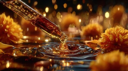 Poster - Golden Liquid Dropping From Pipette Into Water With Flowers, Representing Natural Beauty and Wellness Products : Generative AI