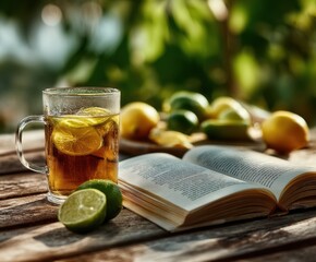 Poster - Iced Tea With Lemon and Lime Beside an Open Book on a Wood Table, Representing Summer Relaxation and Leisure Activities : Generative AI