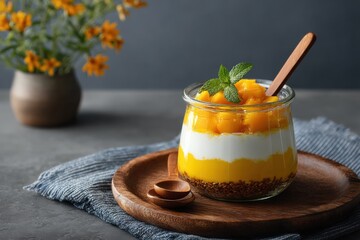 Poster - Delicious Mango Yogurt Parfait in Glass Jar on Wooden Plate, Showcasing Healthy Eating and Culinary Presentation for Food Bloggers : Generative AI