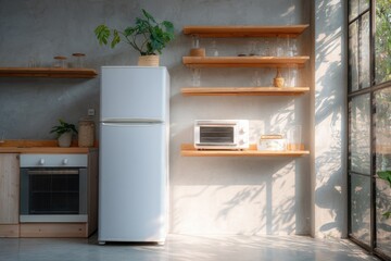 Poster - Minimalist Kitchen Interior with White Refrigerator and Wooden Shelves, Showcasing Modern Living and Sustainable Design for Home Improvement Projects : Generative AI