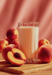 Aufkleber - Glass of Peach Smoothie With Sliced Fruit on Wooden Board, Promoting Healthy Eating and Summer Refreshment : Generative AI