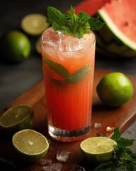 Poster - Refreshing Watermelon Mojito Cocktail With Lime and Mint on Wooden Board, Representing Summer Celebration and Healthy Lifestyle : Generative AI