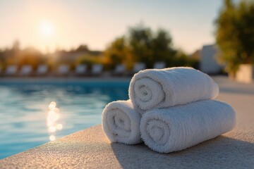 Poster - Rolled White Towels Stacked by Swimming Pool at Sunset, Promoting Relaxation and Vacation Getaways : Generative AI