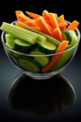 Poster - Fresh Vegetable Sticks in Glass Bowl on Reflective Surface, Promoting Healthy Snacking and Nutritional Wellness : Generative AI