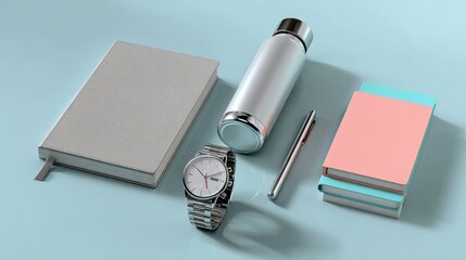 Poster - Desk Still Life With Notebooks, Water Bottle, and Watch, Symbolizing Productivity and Organization for Business Planning and Time Management : Generative AI