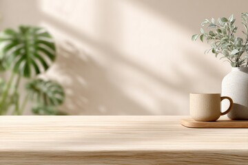 Poster - Minimalist Coffee Cup and Plant on Wooden Table in Soft Light, Ideal for Product Mockups and Serene Lifestyle Advertising : Generative AI