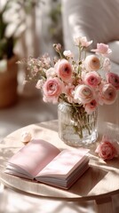 Aufkleber - Pink Ranunculus Flowers in Glass Vase With Open Book on Wooden Table, Representing Mindfulness and Self Care in a Calm Environment : Generative AI