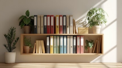 Aufkleber - Colorful Office Binders on Wooden Shelf with Plants, Representing Organization and Document Management for Business Productivity and Efficiency : Generative AI