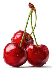 Poster - Three Fresh Red Cherries with Water Droplets on White Background, Showcasing Healthy Eating and Summer Produce : Generative AI
