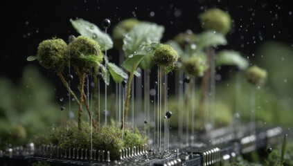 Poster - Mossy Plants Growing on Computer Circuit Board Under Rain, Representing Technology and Environmental Sustainability Initiatives : Generative AI