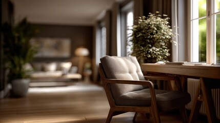 Aufkleber - Cozy Home Office Nook With Wooden Desk and Armchair Near Window, Representing Productivity and Comfortable Workspace : Generative AI