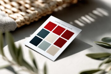 Poster - Color Palette Card on Table with Olive Branch, Showcasing Branding and Creative Ideas for Interior Design Projects : Generative AI