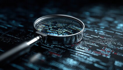 Aufkleber - Magnifying Glass Over Code on Screen, Illustrating Data Analysis and Cybersecurity Vulnerability Assessment for IT Solutions : Generative AI