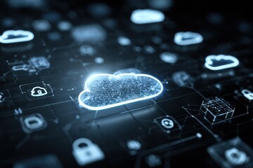 Poster - Cloud Computing Network With Glowing Icons, Representing Data Security and Digital Transformation for Modern Businesses : Generative AI