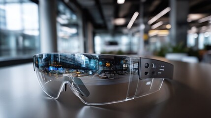 Poster - Augmented Reality Glasses Reflecting Cityscape on Table, Showcasing Innovation and Technological Advancement in the Workplace of the Future : Generative AI