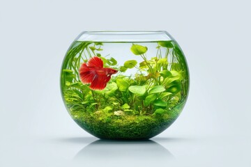 Aufkleber - Red Betta Fish Swimming in a Lush Aquarium, Symbolizing Tranquility and Hobbyist Passion for Aquatic Life and Pet Ownership : Generative AI