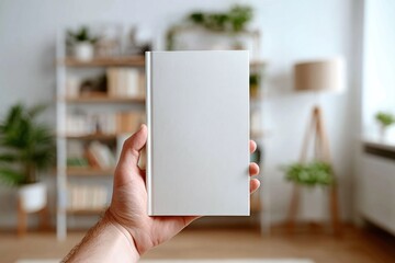 Aufkleber - Hand Holding Blank White Book Cover in Bright Room, Representing Knowledge and Self-Improvement, Ideal for Educational Publishing and Personal Development : Generative AI