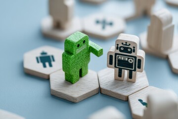 Aufkleber - Green and Beige Wooden Robot Figures on Hexagon Tiles, Symbolizing Artificial Intelligence and Machine Learning Advancements in Technology Sectors : Generative AI