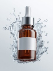 Poster - Amber Glass Dropper Bottle Surrounded by Water Splash, Showcasing Purity and Natural Beauty for Skincare Marketing : Generative AI