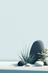 Poster - Minimalist Zen Garden With Smooth Stones and Greenery, Symbolizing Wellness and Tranquility for Meditation and Mindfulness Practices : Generative AI