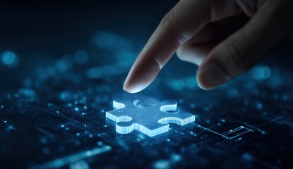 Aufkleber - Finger Placing Glowing Puzzle Piece on Digital Surface, Symbolizing Innovation and Strategic Partnership for Business Solutions : Generative AI