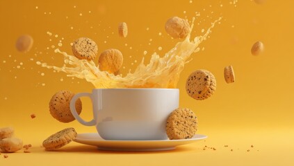 Aufkleber - Cookies and Juice Exploding From a White Mug on Yellow Backdrop, Representing Indulgence and a Delicious Break : Generative AI