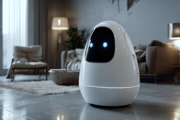 Poster - Modern White Robot in Living Room, Representing Artificial Intelligence and Home Automation for Technology Innovation and Future Living : Generative AI
