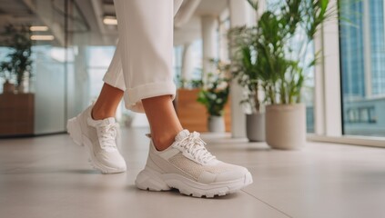 Poster - Woman Walking in White Sneakers Through a Modern Office, Demonstrating Workplace Wellness and Active Lifestyle : Generative AI