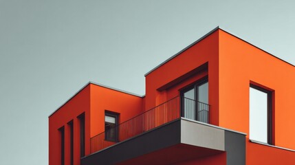 Poster - Modern Orange Building Exterior With Balcony Under Gray Sky, Showcasing Architecture and Urban Development : Generative AI