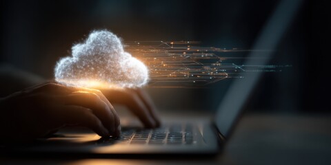 Poster - Person Typing on Laptop with Digital Cloud Overlay, Representing Cloud Computing and Data Management Solutions for Business Transformation and Innovation : Generative AI