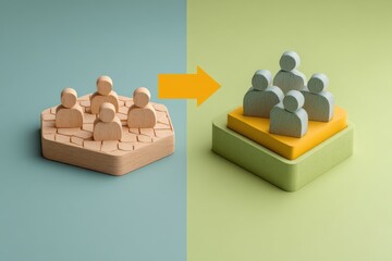 Poster - Wooden Figures Moving Upward With Arrow, Illustrating Career Advancement and Team Progression, Suitable for Human Resources and Business Growth Concepts : Generative AI