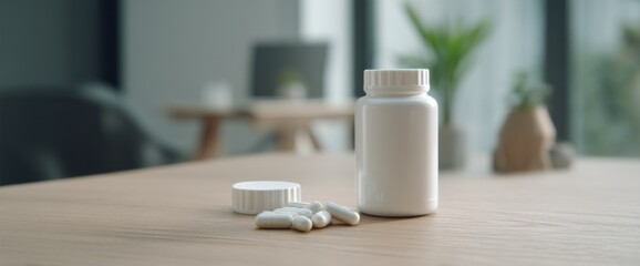 Poster - White Pill Bottle and Capsules on Wooden Table, Representing Healthcare, Wellness, and Pharmaceutical Research : Generative AI