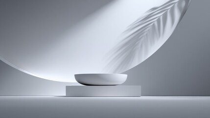 Poster - Minimalist White Bowl on a Cube Podium with Palm Leaf Shadow, Ideal for Product Showcase and Modern Branding Campaigns : Generative AI
