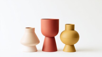 Poster - Three Modern Vases in Pastel Colors on White Background, Ideal for Interior Design and Decoration Projects, Showcasing Minimalist Style : Generative AI
