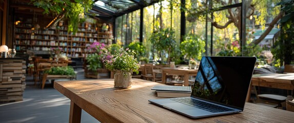 Poster - Laptop and notebook resting on a wooden table in a stylish cafe filled with greenery, promoting a tranquil workspace environment