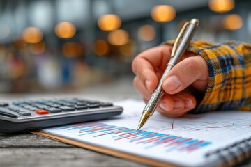 Poster - Close up of female hand holding pen, pointing at colorful graph on notebook, with calculator nearby, in outdoor setting