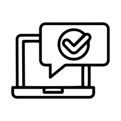 Aufkleber - Outline style image depicts a laptop computer with a speech bubble notification above its screen, containing a checkmark symbol, signifying completed processing or a successful digital operation