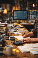 Poster - Accountant writing notes and calculating figures while surrounded by paperwork and a cluttered desk in a busy office environment