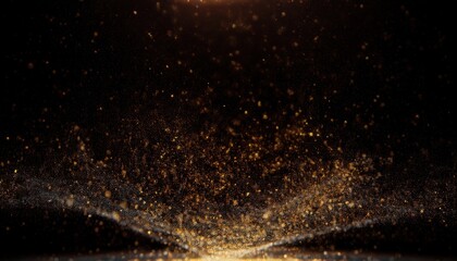 Poster - golden particle burst in dark space with glittering dust trails and glowing abstract light patterns for luxury branding, digital art, web design or motion background

