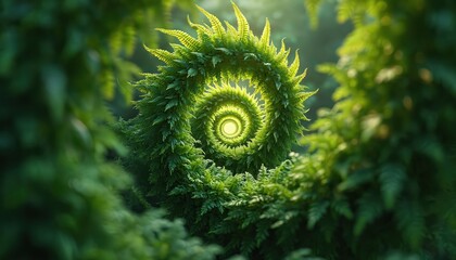 Poster - Fibonacci sequence spiral shape created by green leaves. Fractal design, nature art, spiral swirl, geometry, organic pattern. Nature background, concept for design, wallpaper, decoration,