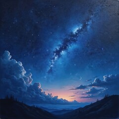 Wall Mural - Starry night sky painting, galaxy, universe, milky way, stars, clouds, landscape. Astronomy, cosmic art illustration, celestial, artwork, outer space, cosmos. Watercolor painting, vibrant colors,