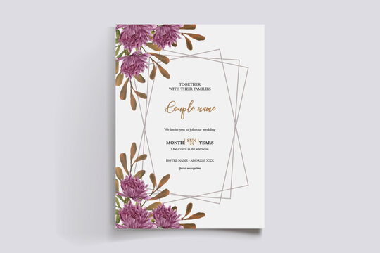 WEDDING INVITATION FRAME WITH FLOWER DECORATIONS AND FRESH LEAVES