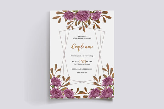 WEDDING INVITATION FRAME WITH FLOWER DECORATIONS AND FRESH LEAVES