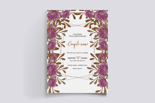 WEDDING INVITATION FRAME WITH FLOWER DECORATIONS AND FRESH LEAVES