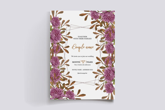 WEDDING INVITATION FRAME WITH FLOWER DECORATIONS AND FRESH LEAVES