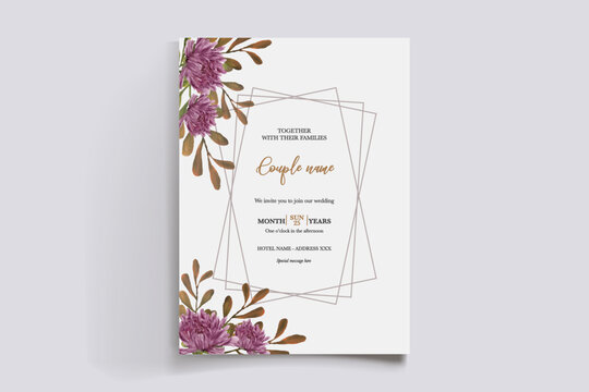 WEDDING INVITATION FRAME WITH FLOWER DECORATIONS AND FRESH LEAVES