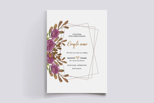WEDDING INVITATION FRAME WITH FLOWER DECORATIONS AND FRESH LEAVES