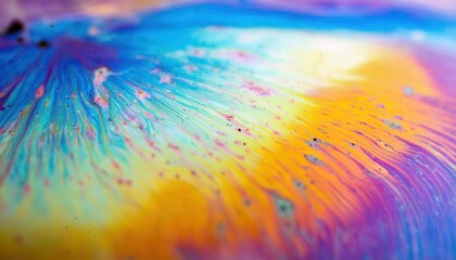 Poster - vibrant abstract macro swirl of soap film with rainbow oil texture in yellow, blue, and purple tones for modern web design, branding, or digital print background

